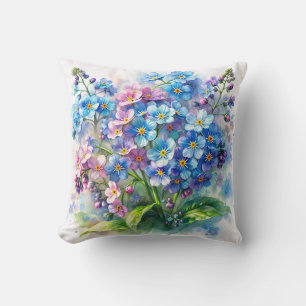 Forget-Me-Not Blue and Pink Flowers Watercolor Cushion