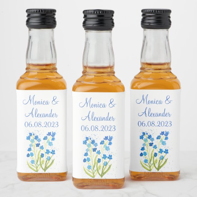Forget me not Blue Floral Spring Wedding Liquor Bottle Label (Bottles)