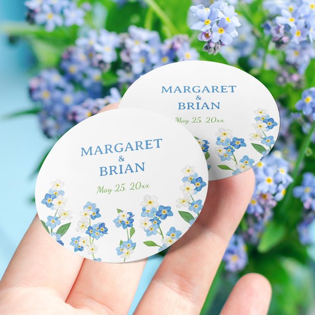Forget Me Not Blue & White Wedding Bride Groom  Classic Round Sticker (Forget Me Not Blue & White Wedding Bride Groom Classic Round Sticke)