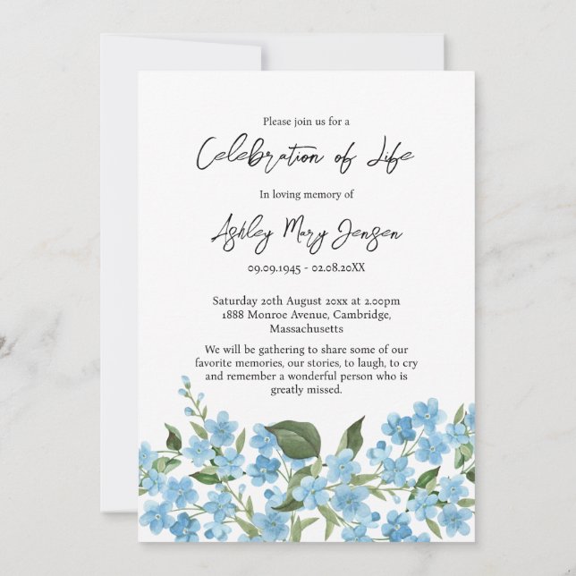 Forget me not Celebration of Life Photo Funeral  Invitation (Back)