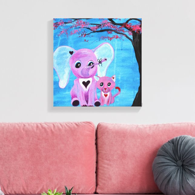 Forget Me Not Cute Elephant Cat Cherry Blossom Art Canvas Print (Insitu(LivingRoom))