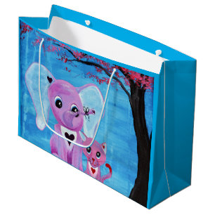 Forget Me Not Cute Elephant Cat Cherry Blossom Art Large Gift Bag