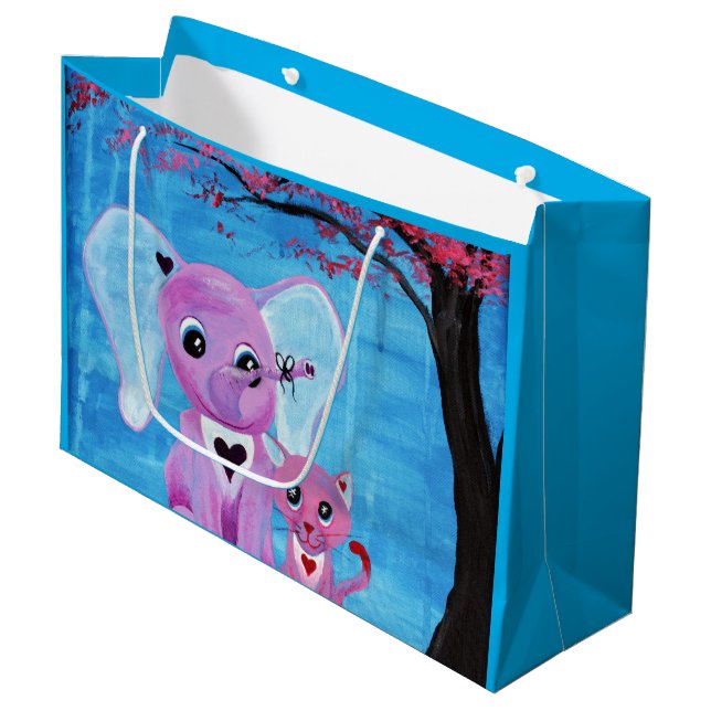 Forget Me Not Cute Elephant Cat Cherry Blossom Art Large Gift Bag (Front Angled)