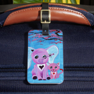 Forget Me Not Cute Elephant Cat Cherry Blossom Art Luggage Tag