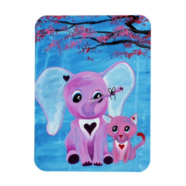 Forget Me Not Cute Elephant Cat Cherry Blossom Art Magnet (Vertical)