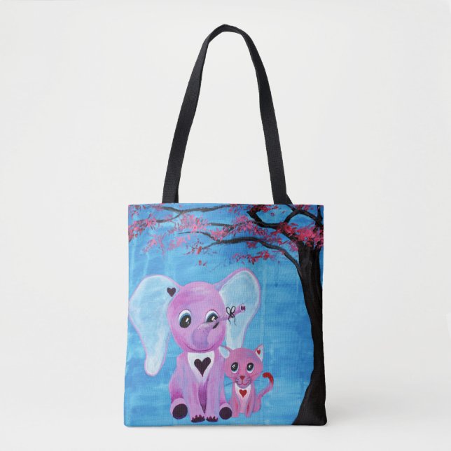 Forget Me Not Cute Elephant Cat Cherry Blossom Art Tote Bag (Front)