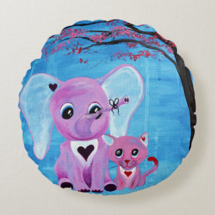Forget Me Not Elephant Cat Cherry Blossom Cute Art Round Cushion
