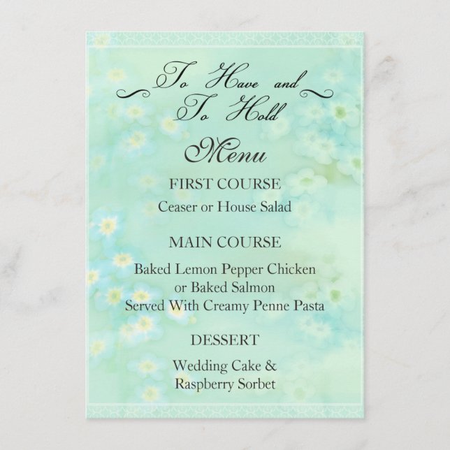 Forget Me Not Floral Wedding Dinner Menu (Front)