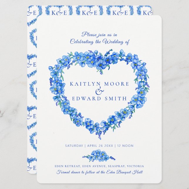 Forget-me-not heart art wedding blue white invitation (Front/Back)