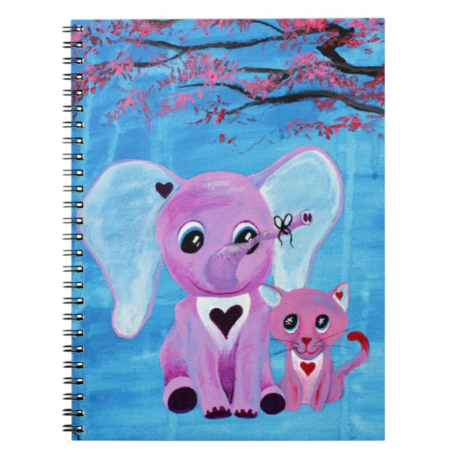 Forget Me Not Pink Elephant Cat Cherry Blossom Art Notebook (Front)