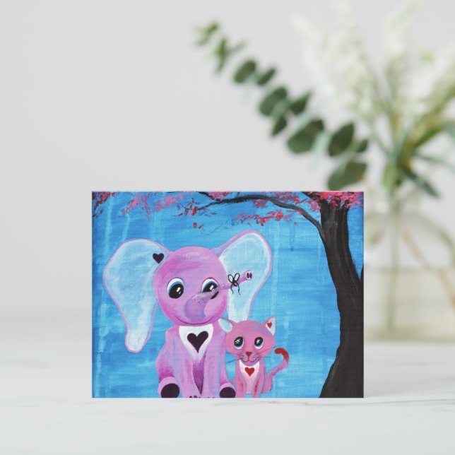 Forget Me Not Pink Elephant Cat Cherry Blossom Art Postcard (Standing Front)
