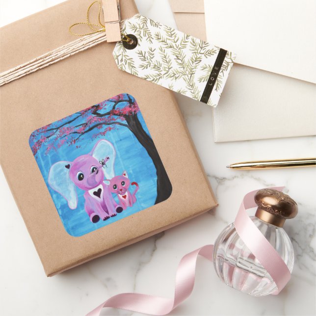 Forget Me Not Pink Elephant Cat Cherry Blossom Art Square Sticker (Gifting)