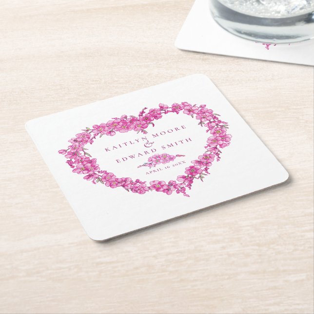 Forget-me-not pink flower heart wreath wedding square paper coaster (Angled)