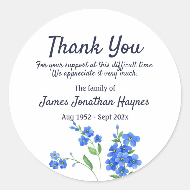 Forget Me Not Thank You Funeral Sympathy Classic Round Sticker (Front)