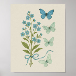 Forget-Me-Nots and Blue Butterflies - Botanical Poster