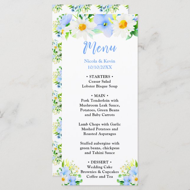 Forget-Me-Nots and Daisies Floral Wedding Menu (Front/Back)