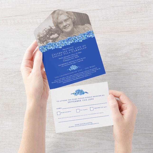 Forget-me-nots funeral celebration of life blue all in one invitation (Tearaway)
