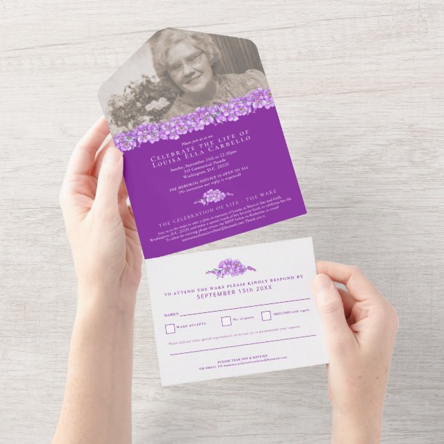 Forget-me-nots funeral celebration of life purple  all in one invitation (Tearaway)