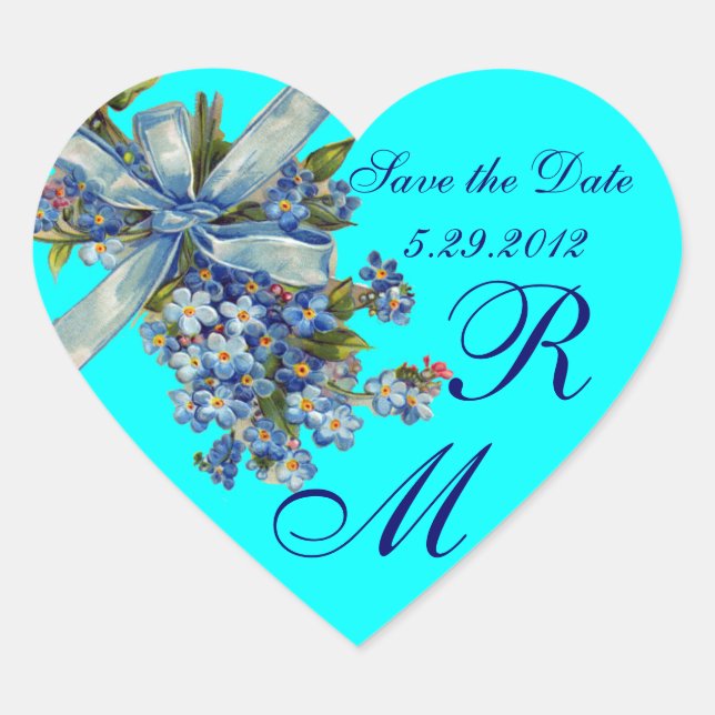 FORGET ME NOTS MONOGRAM ,WEDDING PARTY blue Heart Sticker (Front)