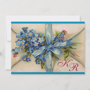FORGET ME NOTS MONOGRAM ,WEDDING PARTY blue metal Invitation