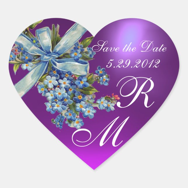 FORGET ME NOTS MONOGRAM ,WEDDING PARTY blue purple Heart Sticker (Front)
