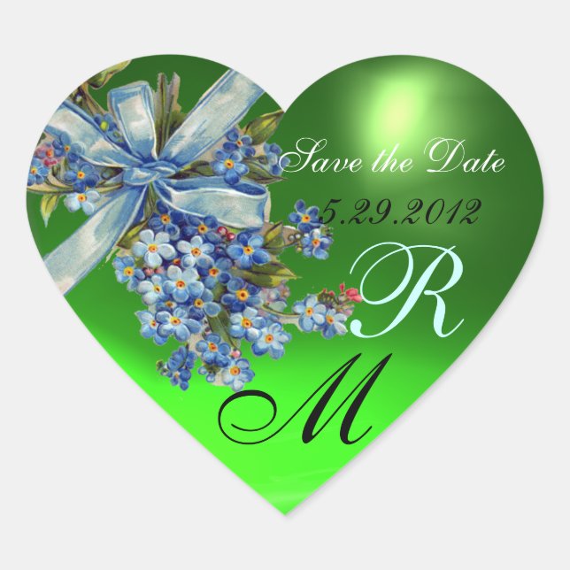 FORGET ME NOTS MONOGRAM ,WEDDING PARTY green blue Heart Sticker (Front)