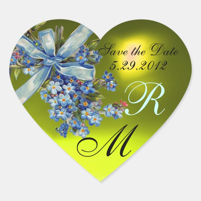 FORGET ME NOTS MONOGRAM ,WEDDING PARTY yellow blue Heart Sticker (Front)