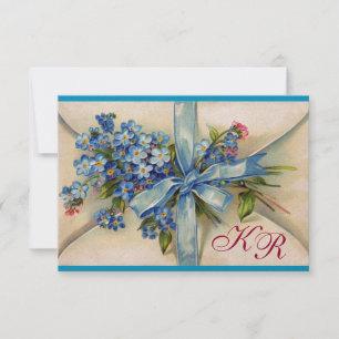FORGET ME NOTS MONOGRAM WEDDING RSVP blue gold Card