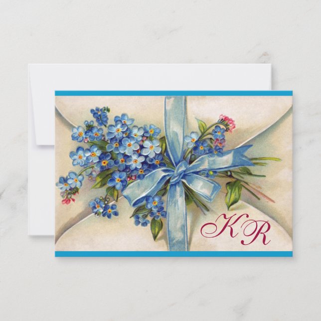 FORGET ME NOTS MONOGRAM WEDDING RSVP blue silver (Front)