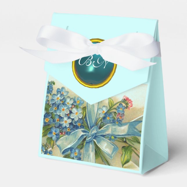 FORGET ME NOTS WEDDING TEAL BLUE GEM MONOGRAM FAVOUR BOX (Front Side)