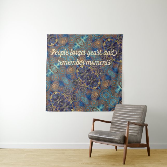 Forget Years Remember Moments Blue Gold Stars Tapestry (In Situ)