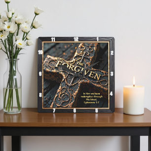 Forgiven The Cross Redemption Ornate Ephesians 1:7 Square Wall Clock