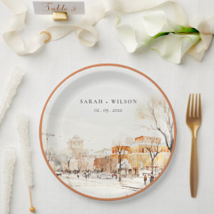 Forgo North Dakota City Scape Watercolor Wedding Paper Plate