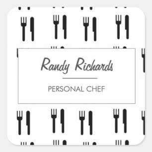 Fork and knife black silhouette pattern white square sticker