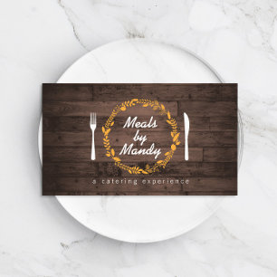 Fork and Knife Wreath on Woodgrain Catering, Chef Business Card