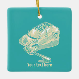 Fork in the road car accident ceramic ornament