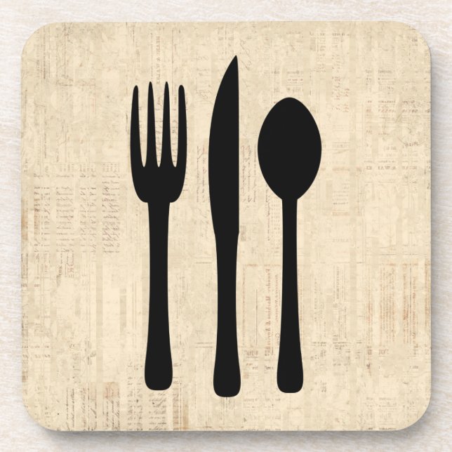 Fork Knife and Spoon Silverware Art Script Style Coaster (Front)