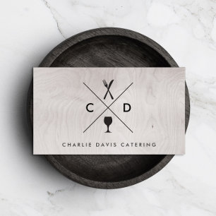 FORK & KNIFE MONOGRAM on GRAY WOOD BACKGROUND Business Card