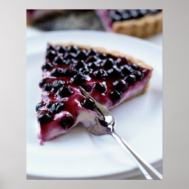 Fork slicing blueberry pie on plate poster (Front)