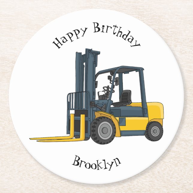 Forklift cartoon illustration round paper coaster (Front)
