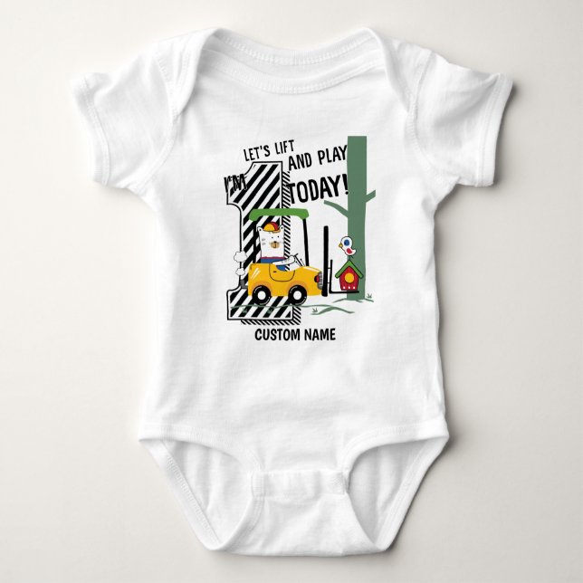 Forklift  Construction Theme First Birthday  Baby Bodysuit (Front)