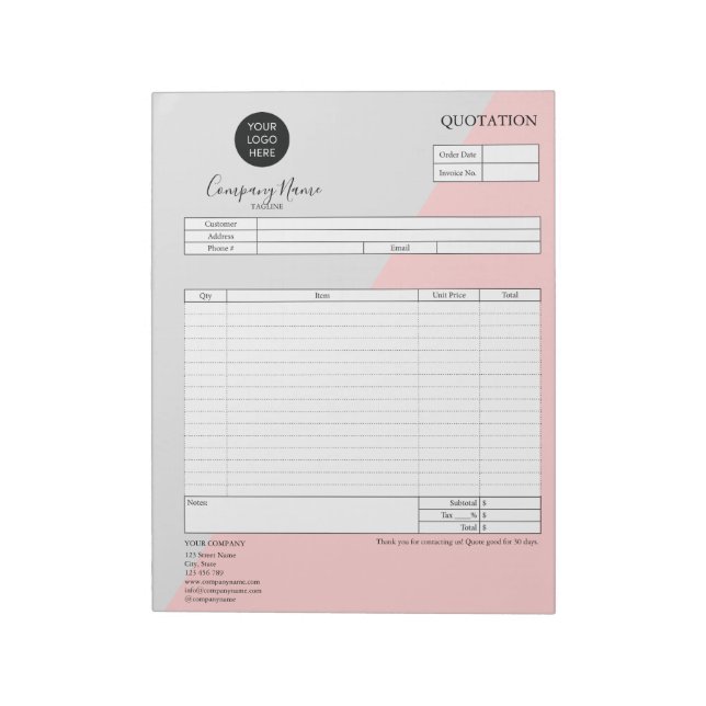 Form Business Quotation, Invoice, Add Your Logo No Notepad (Rotated)