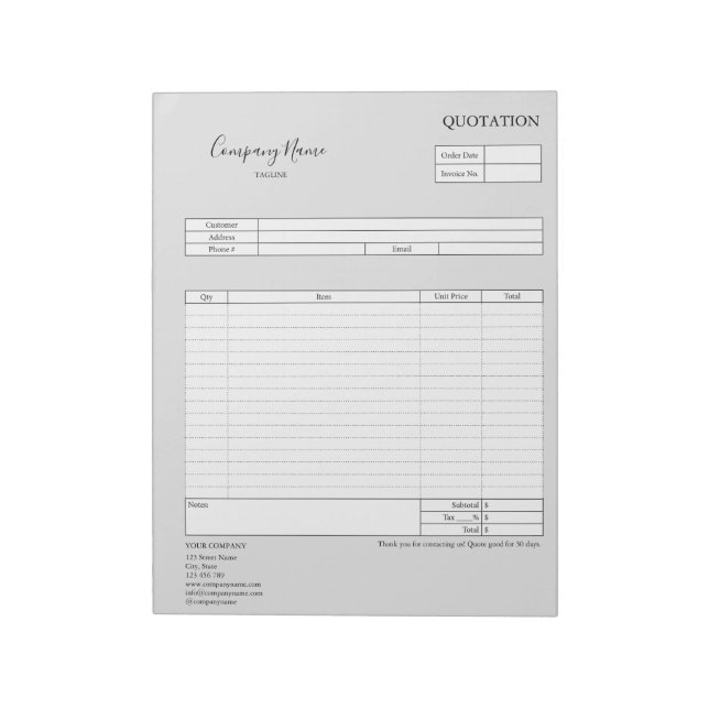 Form Business Quotation, Invoice or Sales Receipt  Notepad (Rotated)