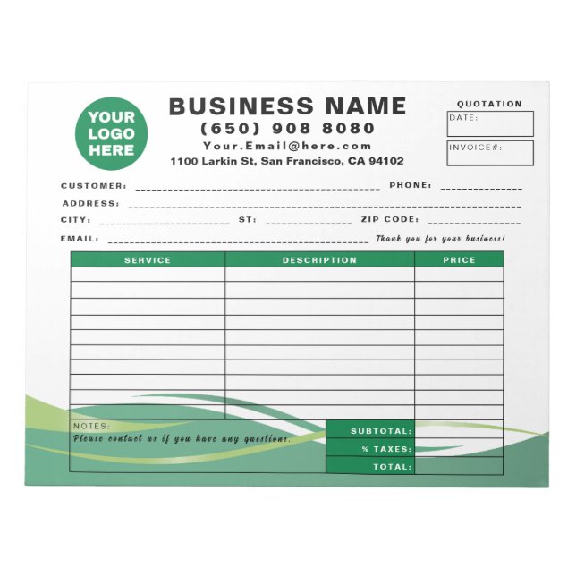 Form Business Quotation Invoice Sales Receipt Notepad (Front)