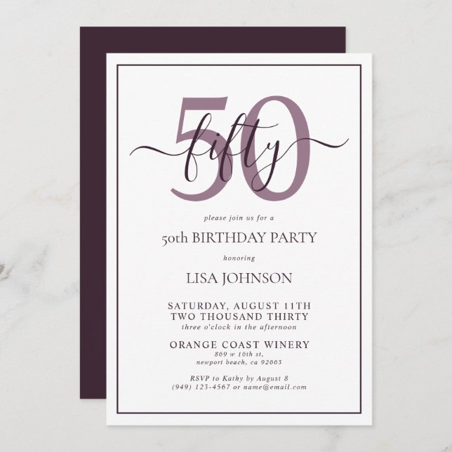 Formal 50th Birthday Plum Purple Classic Script Invitation (Front/Back)