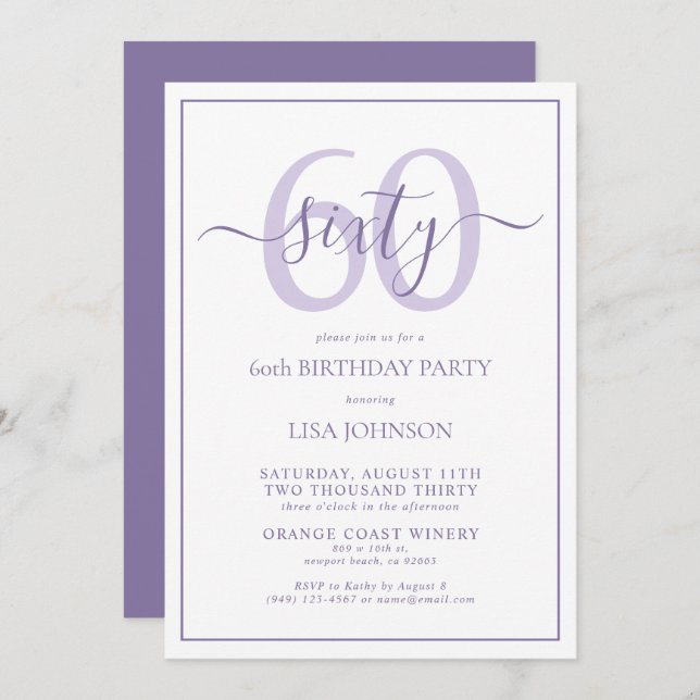 Formal 60th Birthday Lilac Lavender Classic Script Invitation (Front/Back)