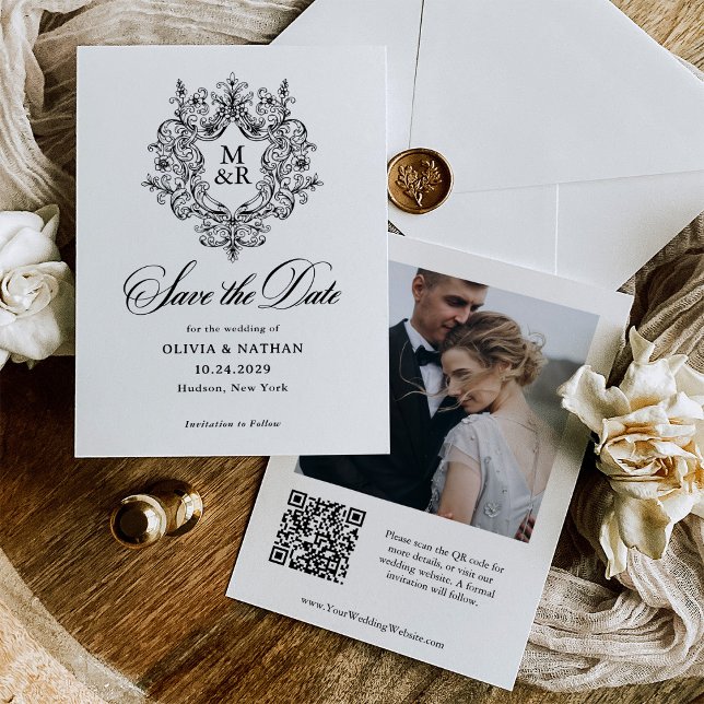Formal Antique Crest | Photo and QR Code Save The Date (Creator Uploaded)
