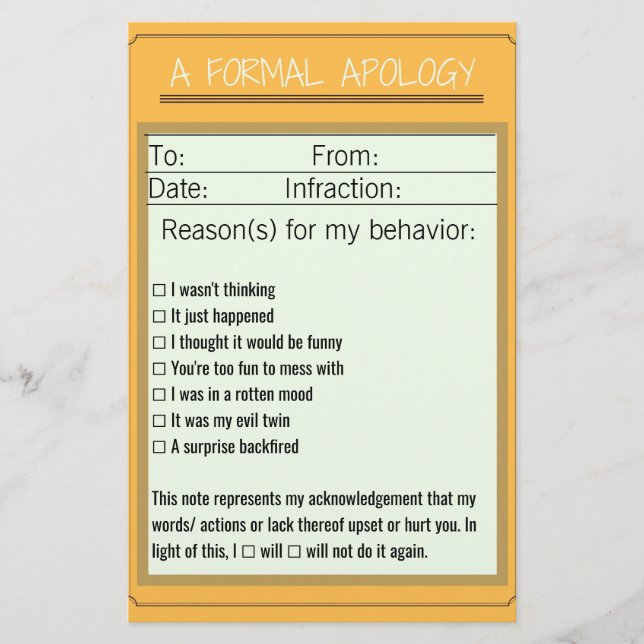 Formal Apology Checklist Stationery (Front)