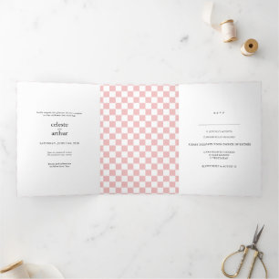Formal Baby Pink Chequerboard Wedding All In One Tri-Fold Card