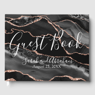 Formal Black Agate Rose Gold Glitter Wedding Guest Book